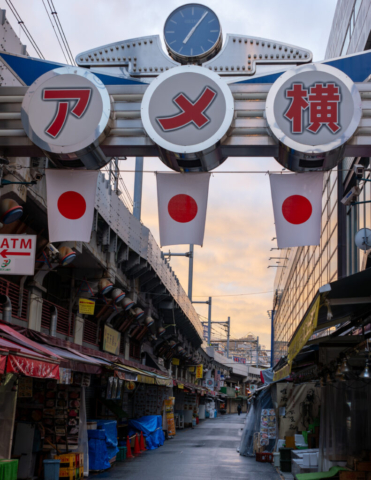 Japan5-Jan07-09 Signage at the split paths in Ameyoko, Ueno, Tokyo