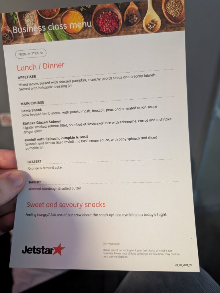 In-flight menu on Australia - Japan flights
